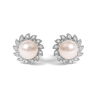 Haus of Brilliance 10K White Gold Pearl and Diamond Accent Halo Stud Earrings