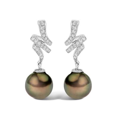 Haus of Brilliance 14K White Gold Black Pearl and Diamond Accent Dangle Earrings