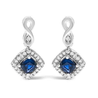 Haus of Brilliance 10K White Gold Sapphire and Diamond Halo Cushion Shaped Drop Earrings