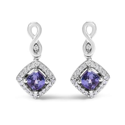 Haus of Brilliance 10K White Gold Tanzanite and Diamond Halo Cushion Shaped Drop Earrings