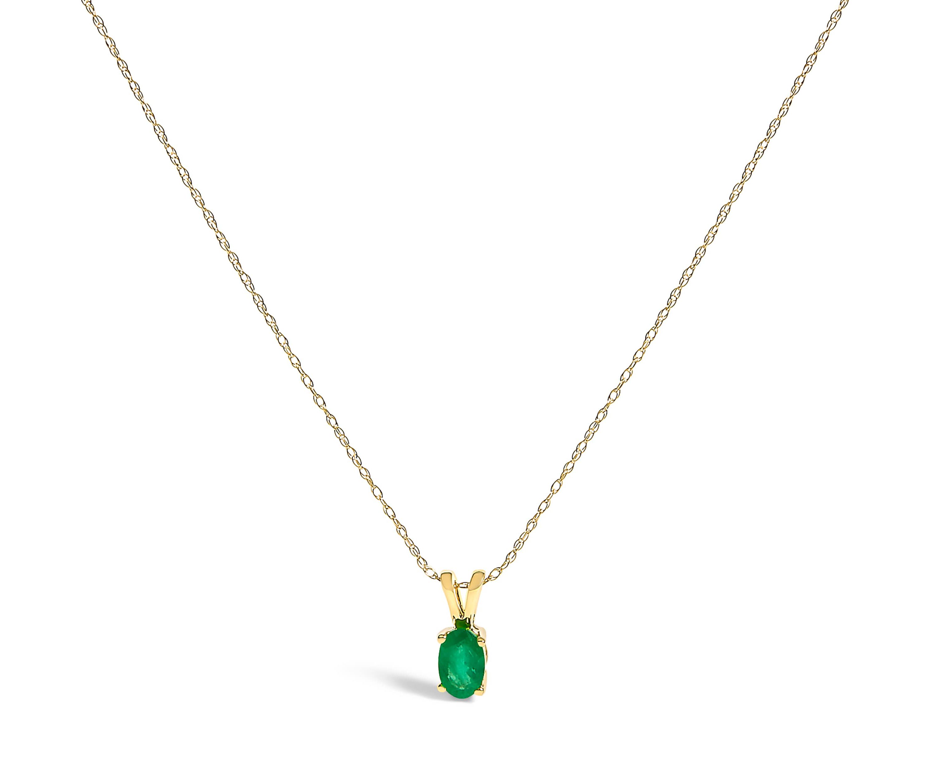14K Yellow Gold Oval Green Emerald Solitaire Pendant Necklace - 18" Inches