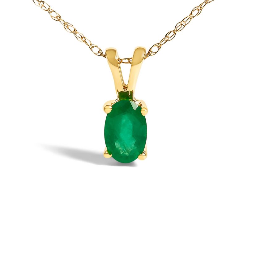 14K Yellow Gold Oval Green Emerald Solitaire Pendant Necklace - 18" Inches