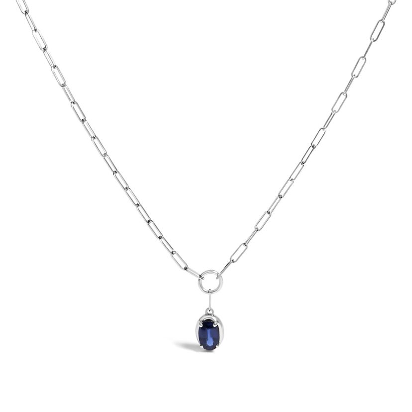 10K White Gold Oval Blue Sapphire Solitaire Paperclip Pendant Necklace - 18" Inches