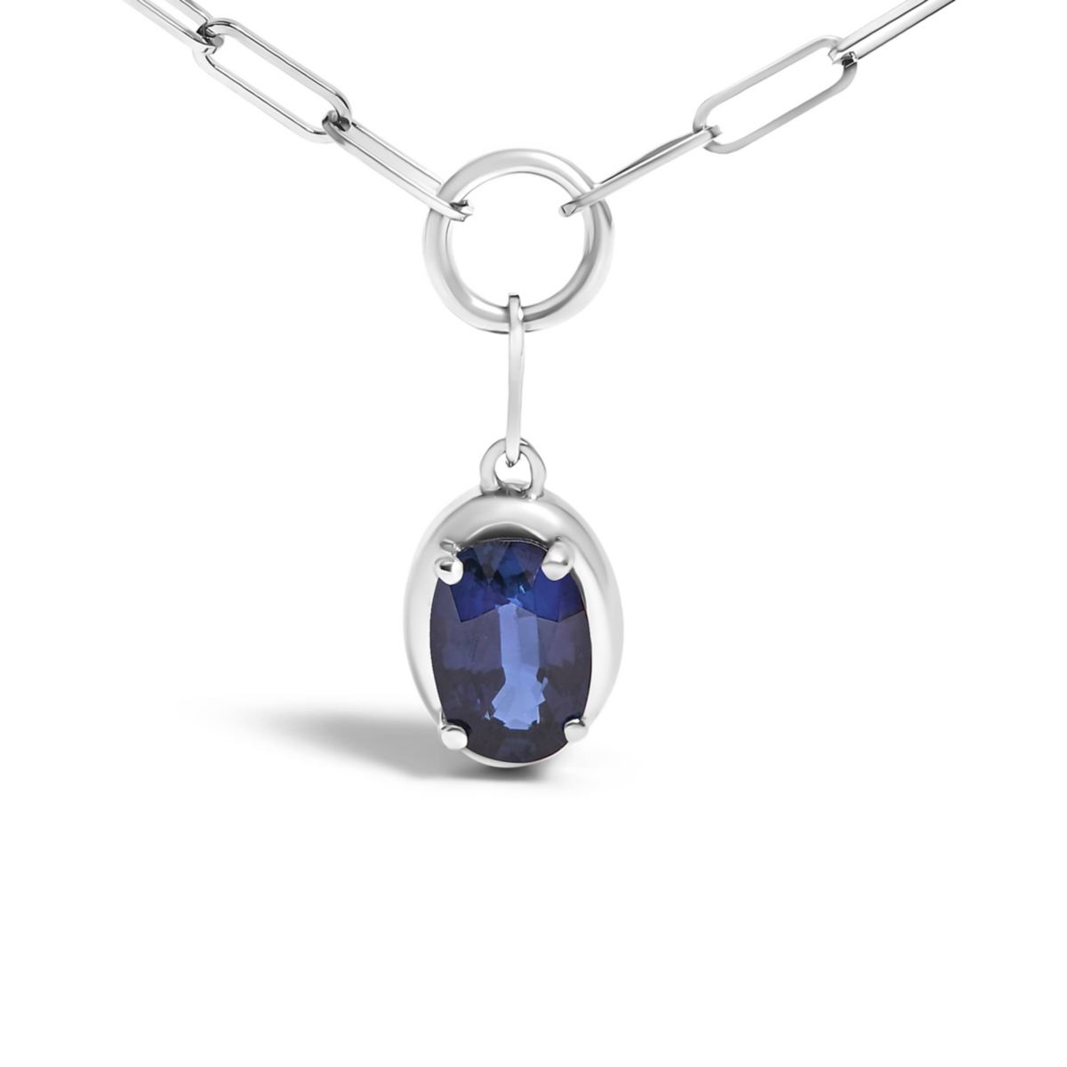 10K White Gold Oval Blue Sapphire Solitaire Paperclip Pendant Necklace - 18" Inches