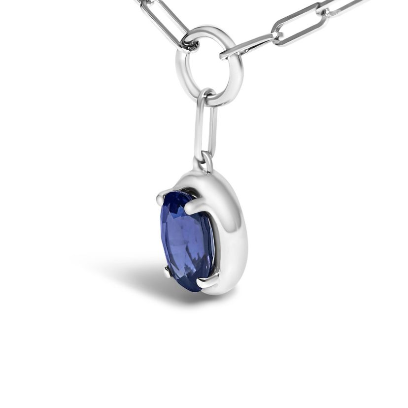 10K White Gold Oval Blue Sapphire Solitaire Paperclip Pendant Necklace - 18" Inches