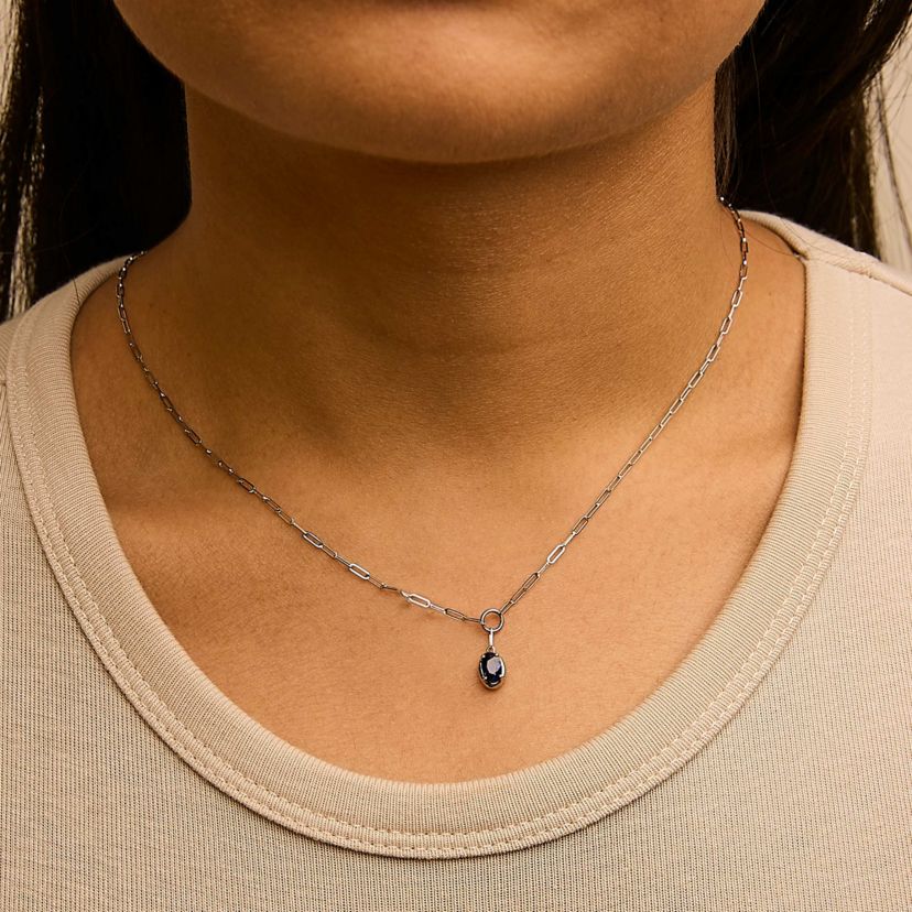 10K White Gold Oval Blue Sapphire Solitaire Paperclip Pendant Necklace - 18" Inches