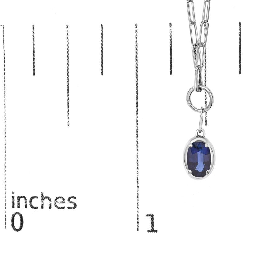 10K White Gold Oval Blue Sapphire Solitaire Paperclip Pendant Necklace - 18" Inches