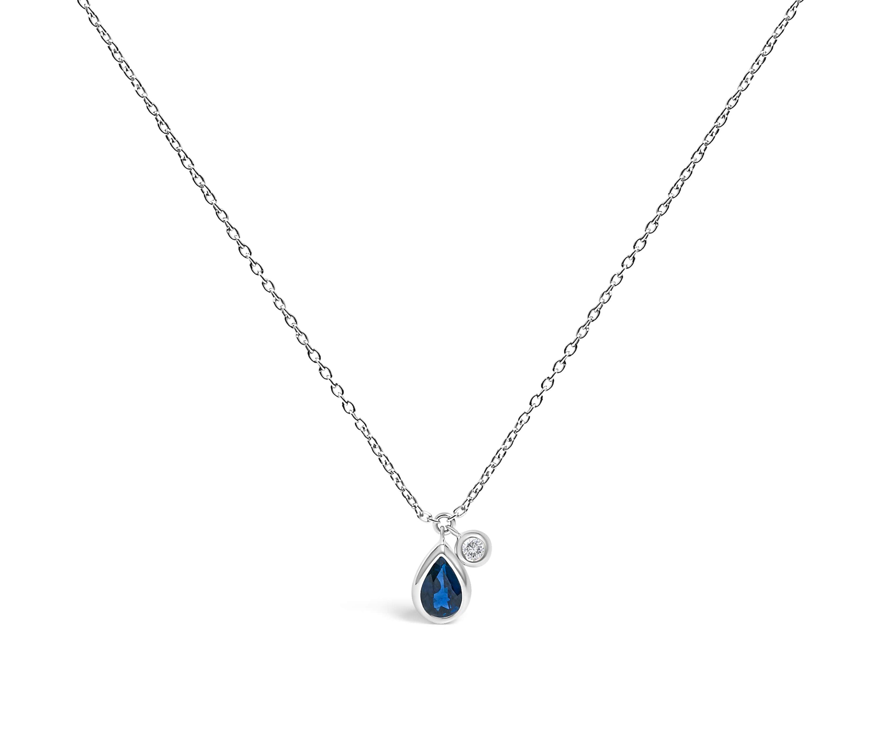14K White Gold Pear Blue Sapphire and Diamond Charm Pendant Necklace - 18" Inches