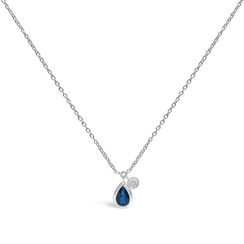 14K White Gold Pear Blue Sapphire and Diamond Charm Pendant Necklace - 18" Inches