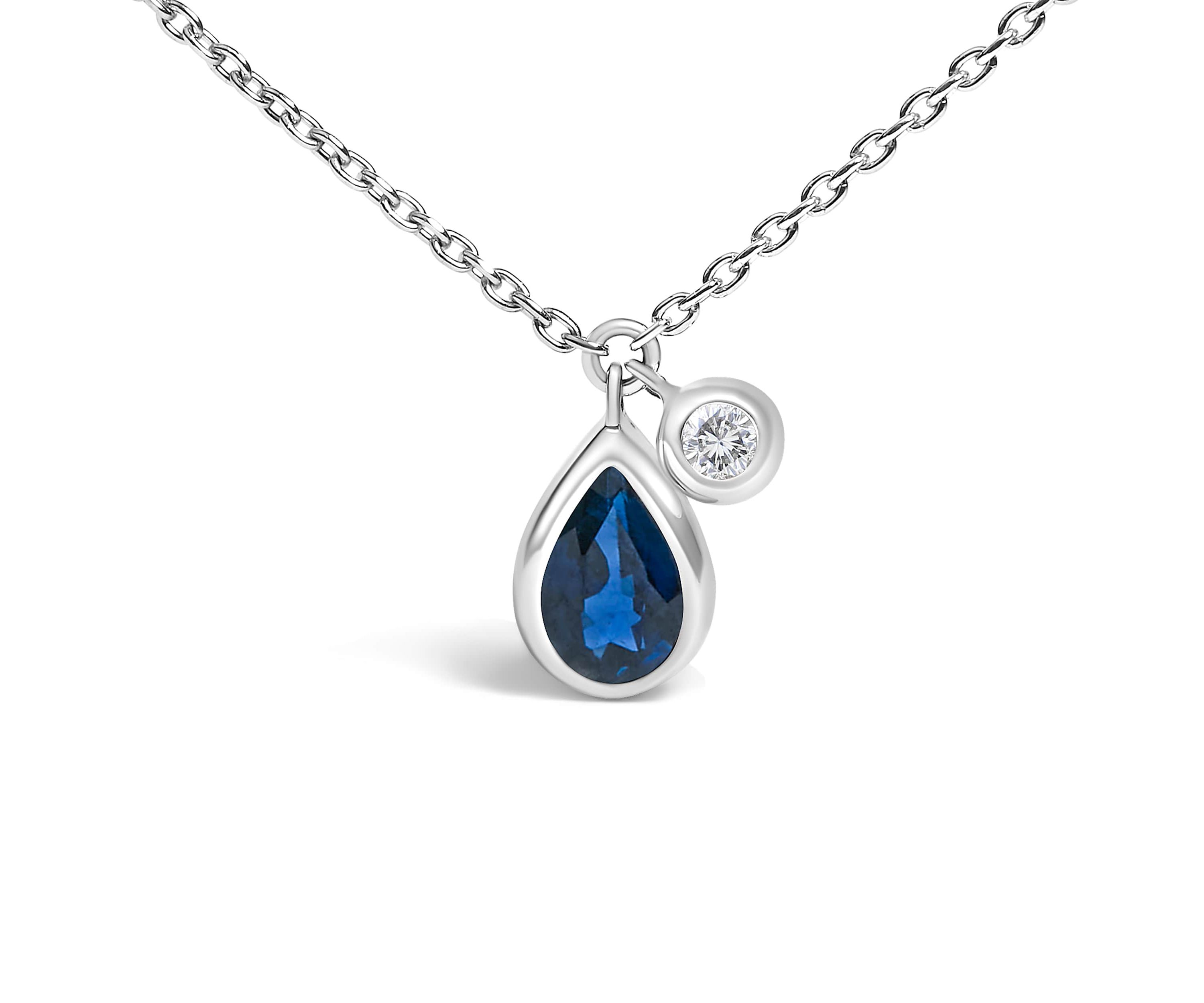 14K White Gold Pear Blue Sapphire and Diamond Charm Pendant Necklace - 18" Inches