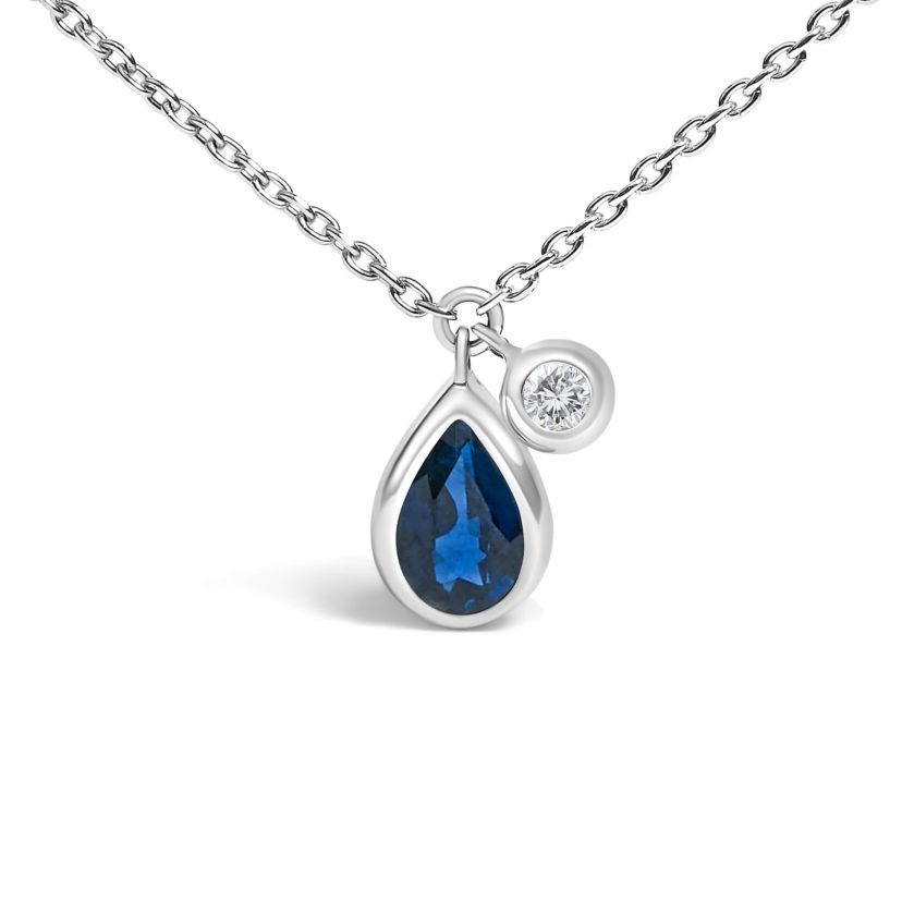 14K White Gold Pear Blue Sapphire and Diamond Charm Pendant Necklace - 18" Inches