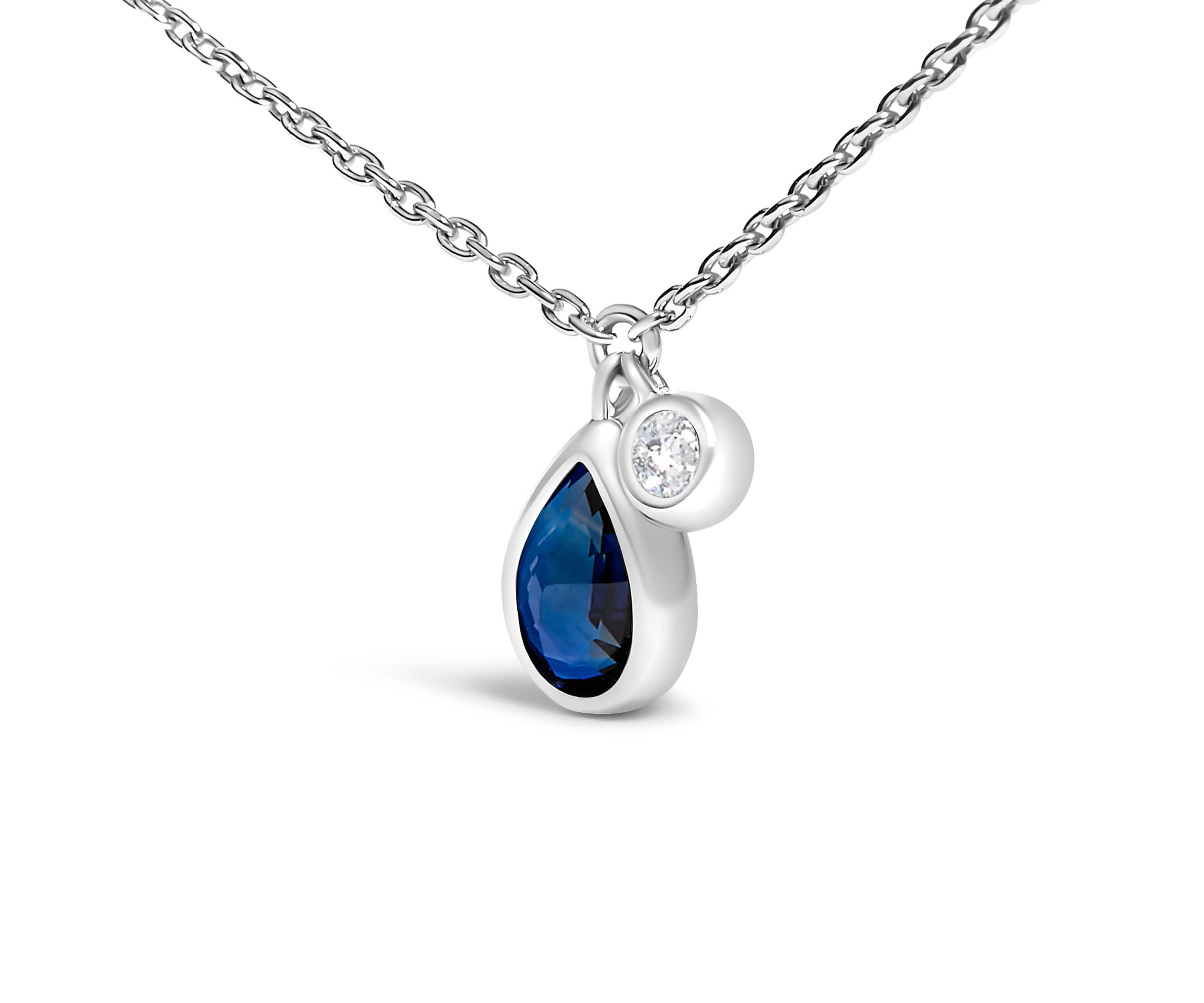 14K White Gold Pear Blue Sapphire and Diamond Charm Pendant Necklace - 18" Inches