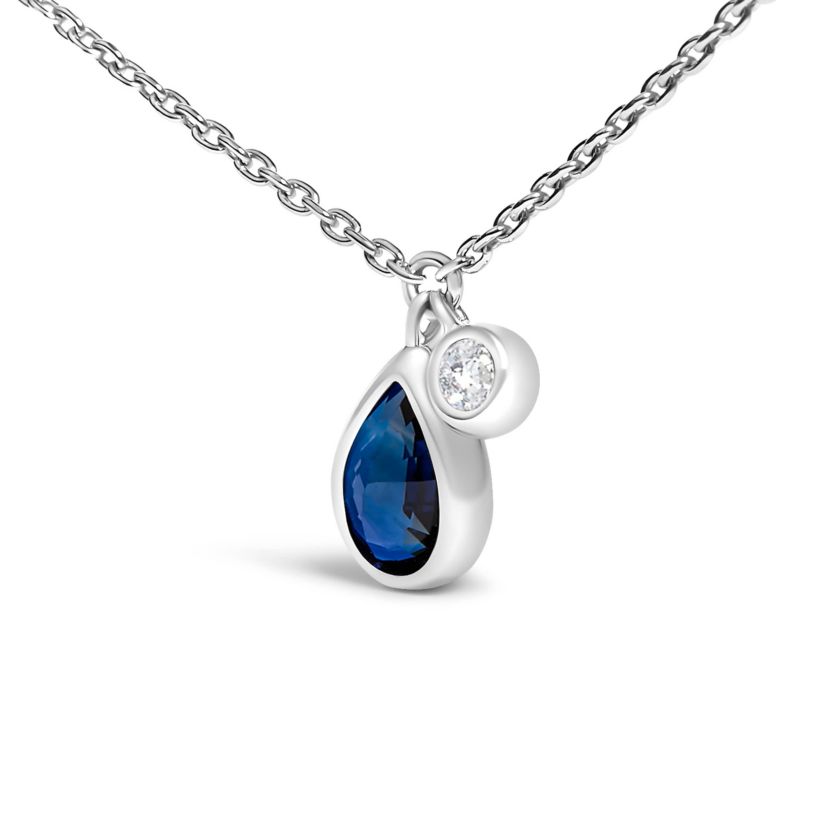 14K White Gold Pear Blue Sapphire and Diamond Charm Pendant Necklace - 18" Inches