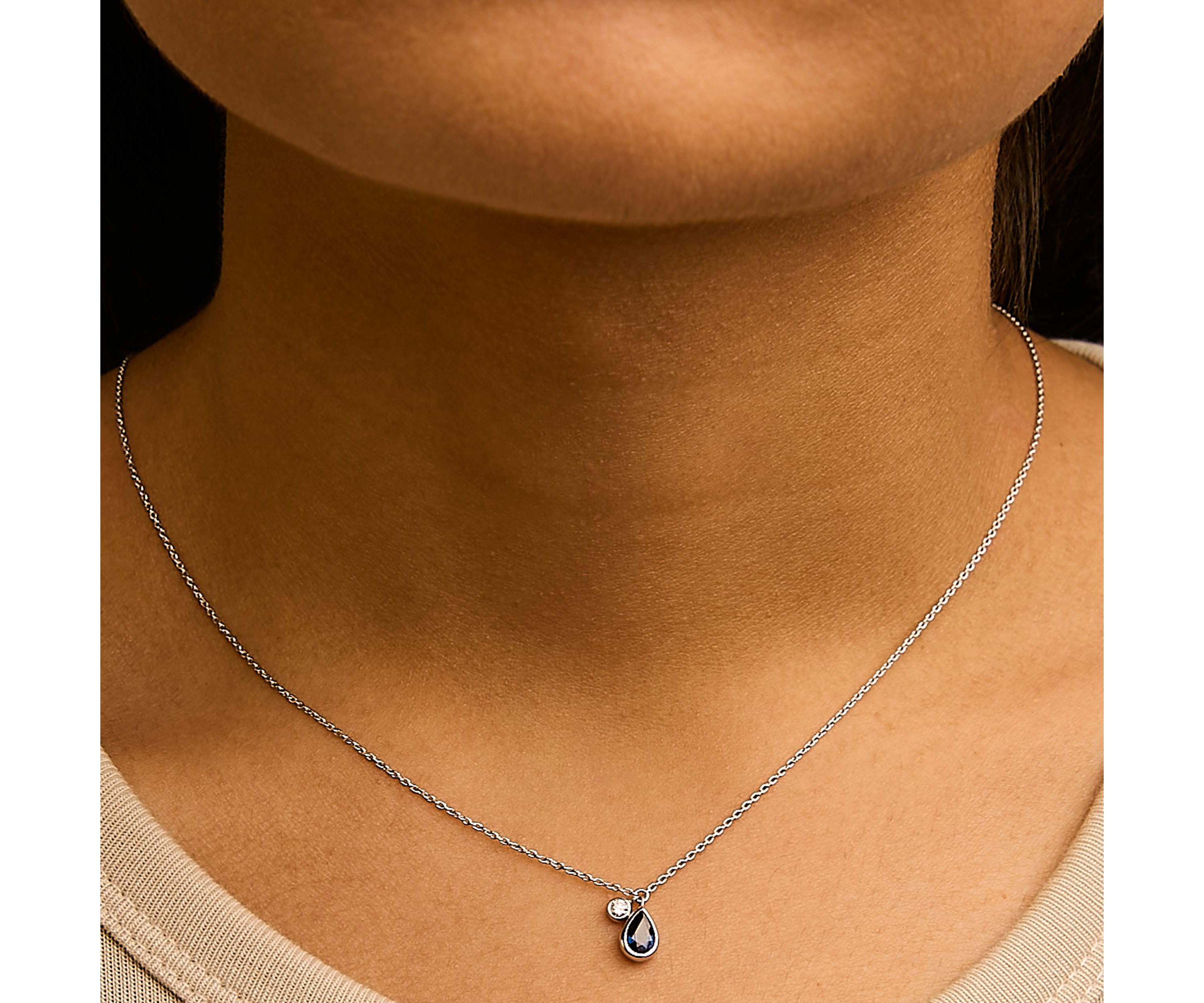14K White Gold Pear Blue Sapphire and Diamond Charm Pendant Necklace - 18" Inches