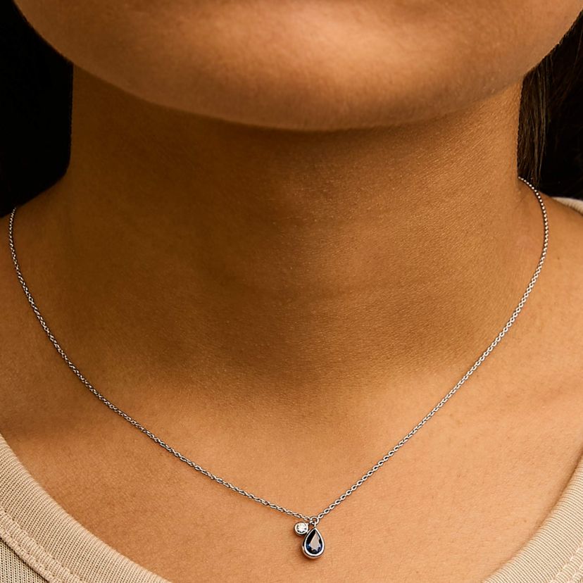 14K White Gold Pear Blue Sapphire and Diamond Charm Pendant Necklace - 18" Inches