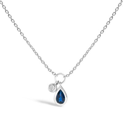 Haus of Brilliance 10K White Gold Pear Blue Sapphire and Diamond Charm Pendant Necklace - 18" Inches