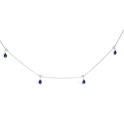 Haus of Brilliance 10K White Gold Dangling Blue Sapphire and Diamond Station Necklace - 18" Inches