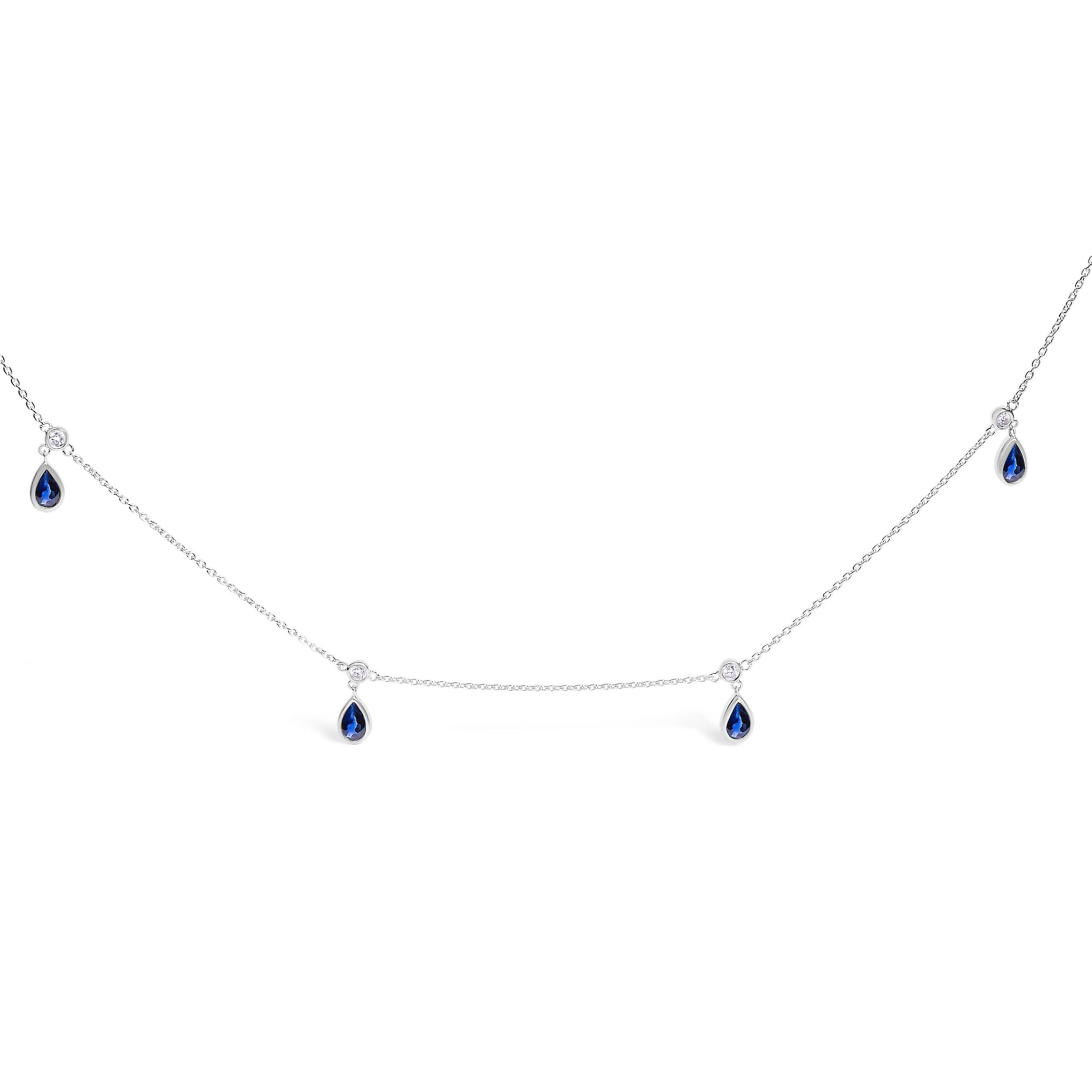10K White Gold Dangling Blue Sapphire and Diamond Station Necklace - 18" Inches