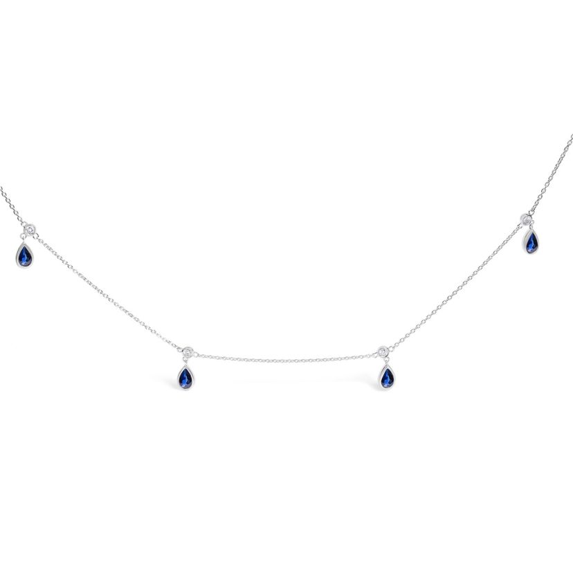 10K White Gold Dangling Blue Sapphire and Diamond Station Necklace - 18" Inches