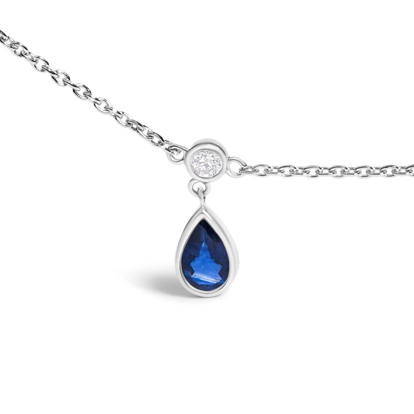 10K White Gold Dangling Blue Sapphire and Diamond Station Necklace - 18" Inches