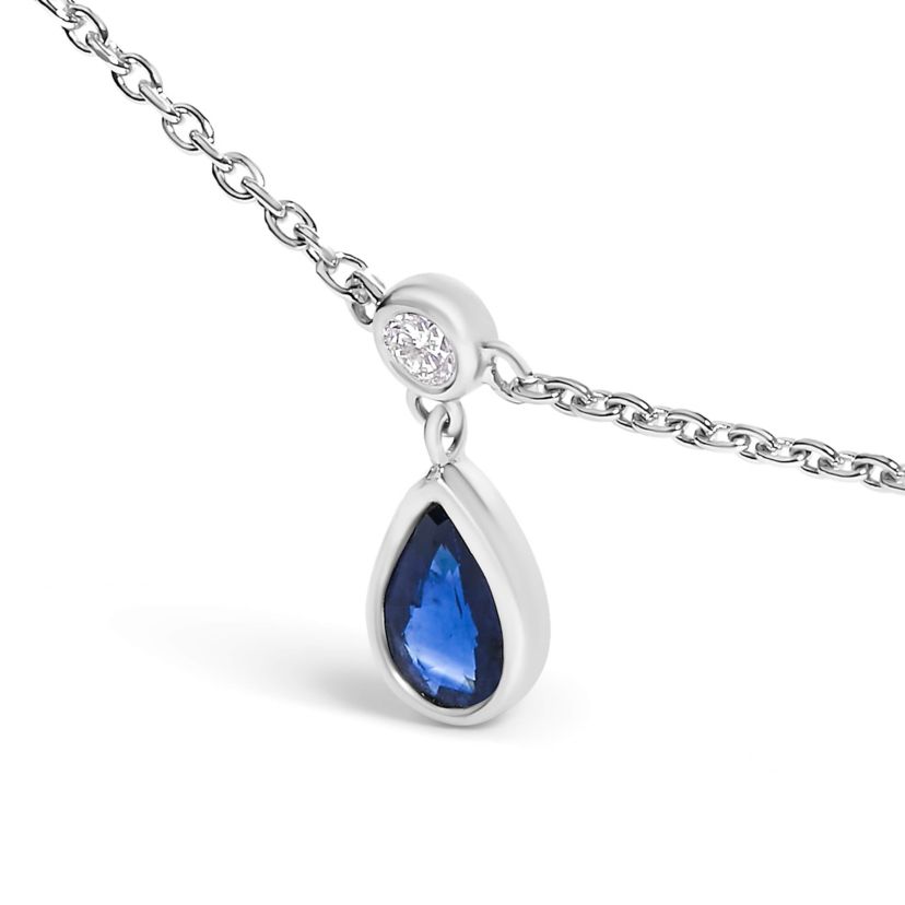 10K White Gold Dangling Blue Sapphire and Diamond Station Necklace - 18" Inches