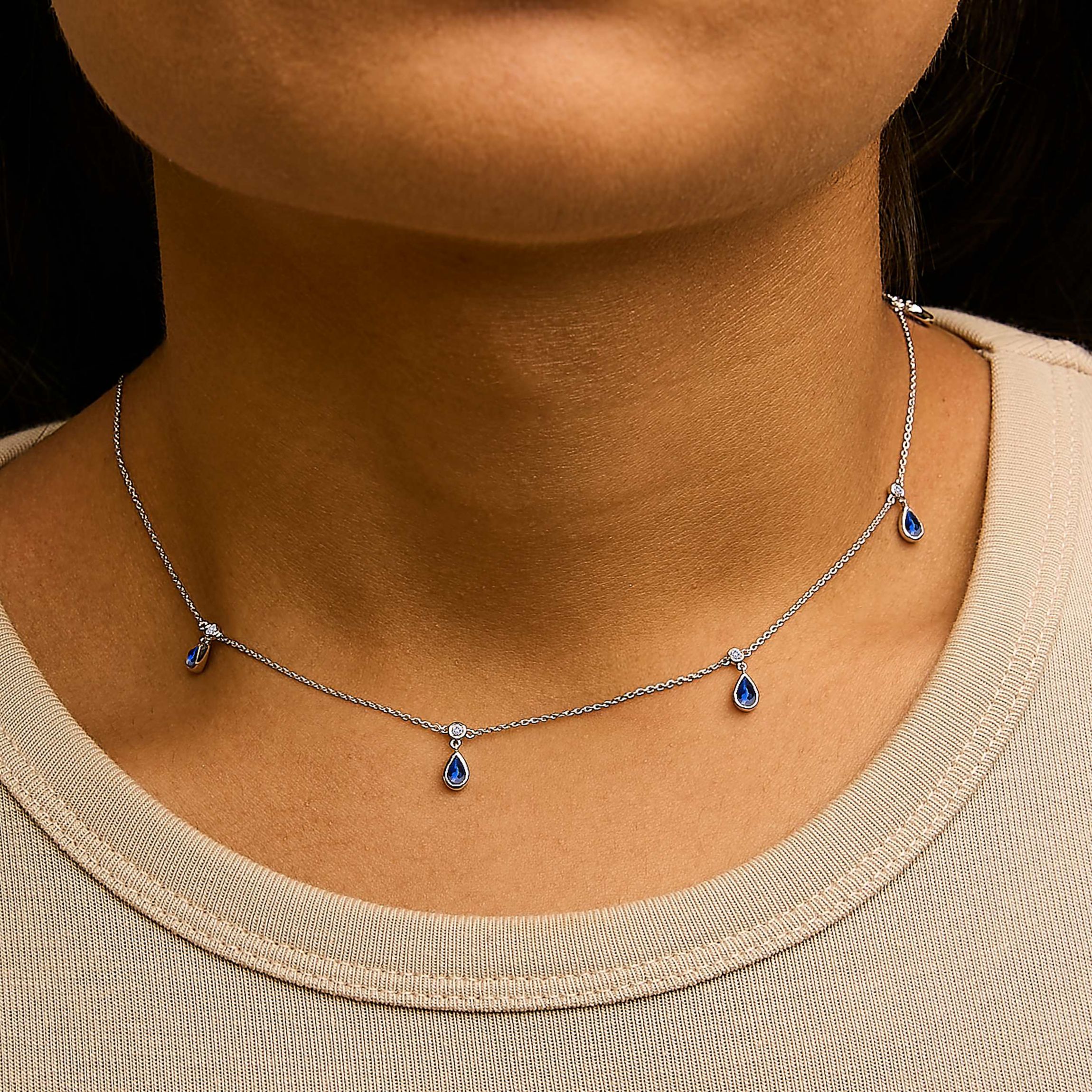 10K White Gold Dangling Blue Sapphire and Diamond Station Necklace - 18" Inches