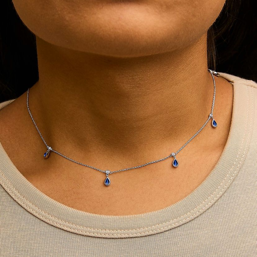 10K White Gold Dangling Blue Sapphire and Diamond Station Necklace - 18" Inches