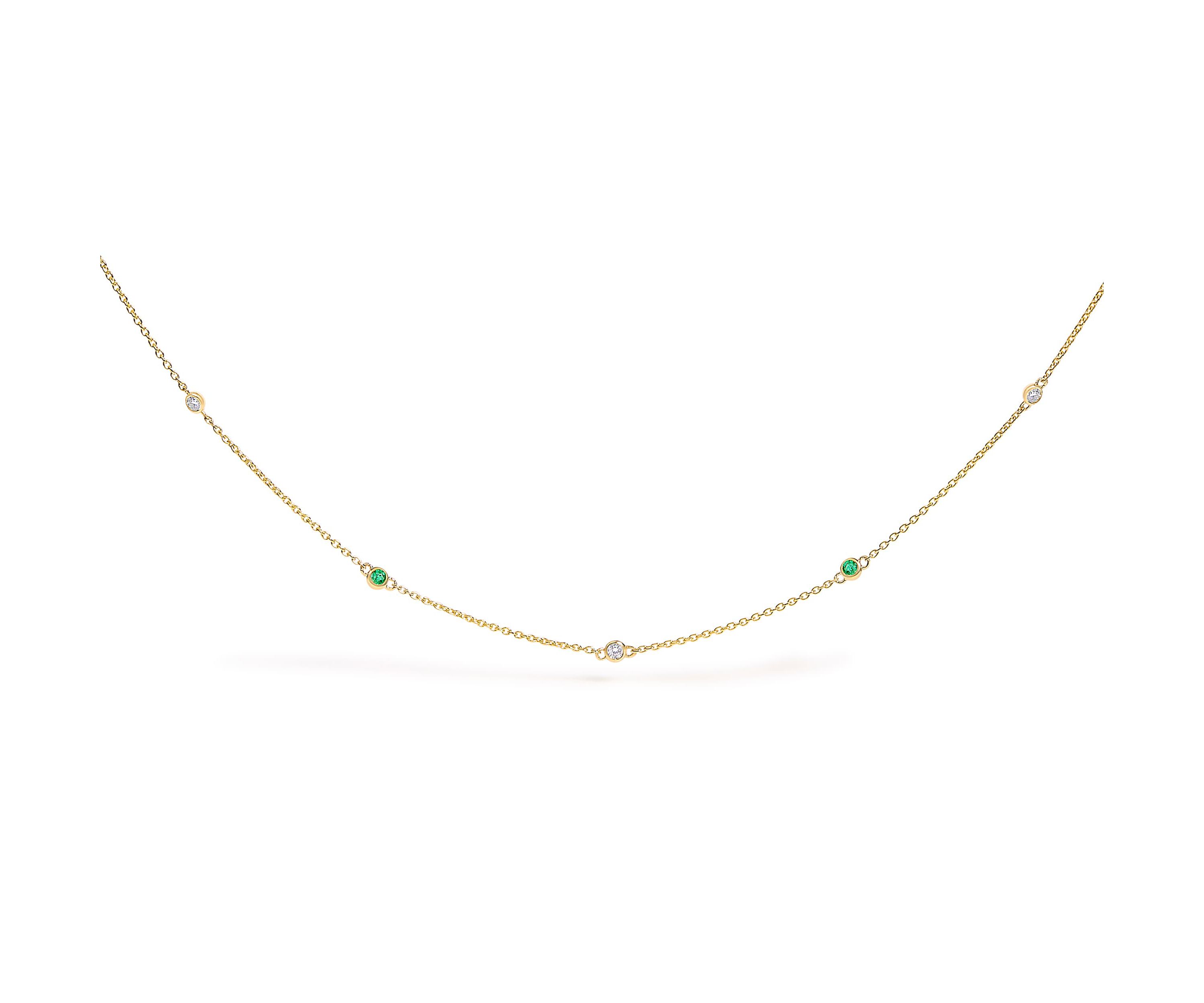 14K Yellow Gold Bezel Set Alternating Green Emerald and Diamond Station Necklace