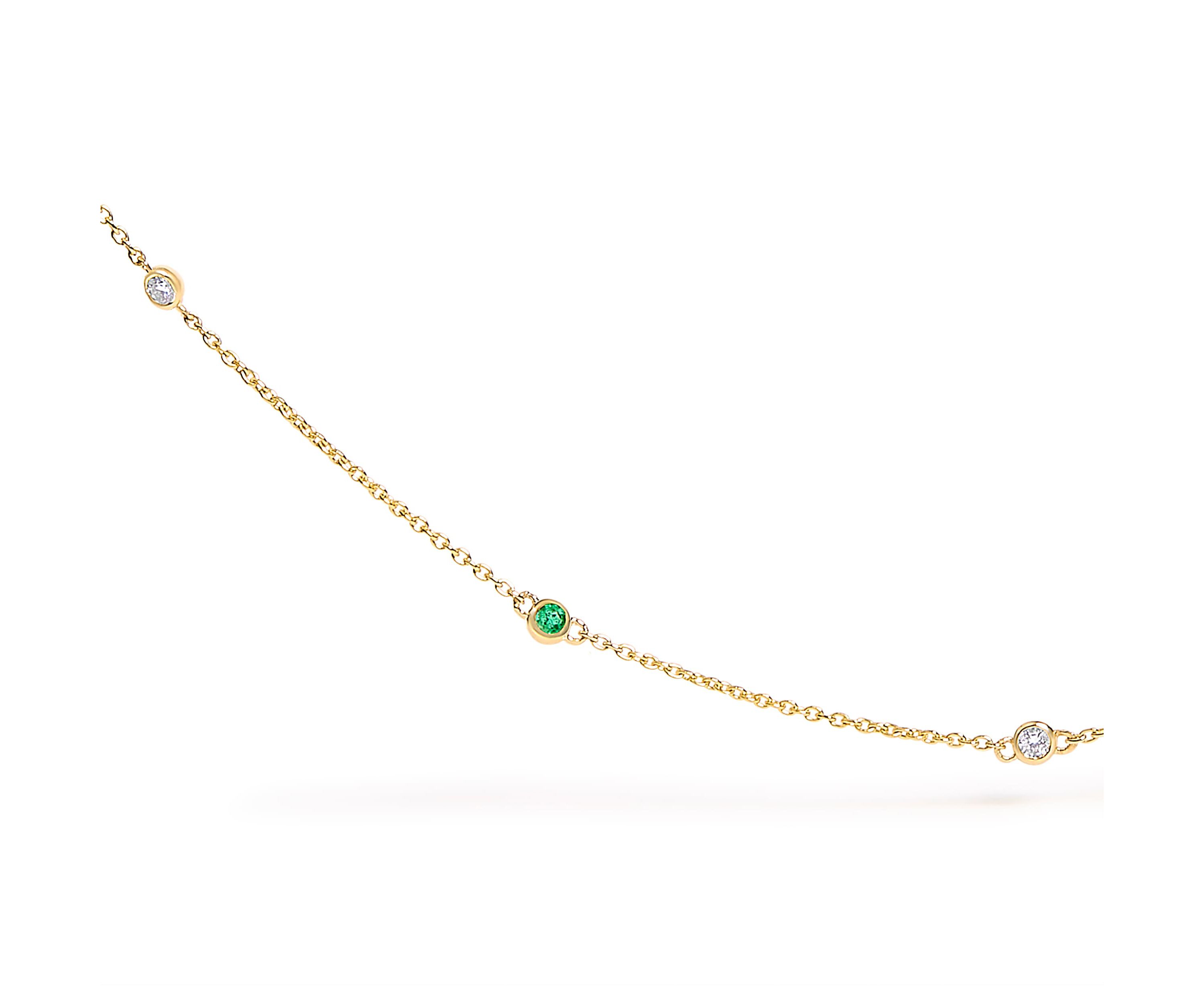 14K Yellow Gold Bezel Set Alternating Green Emerald and Diamond Station Necklace
