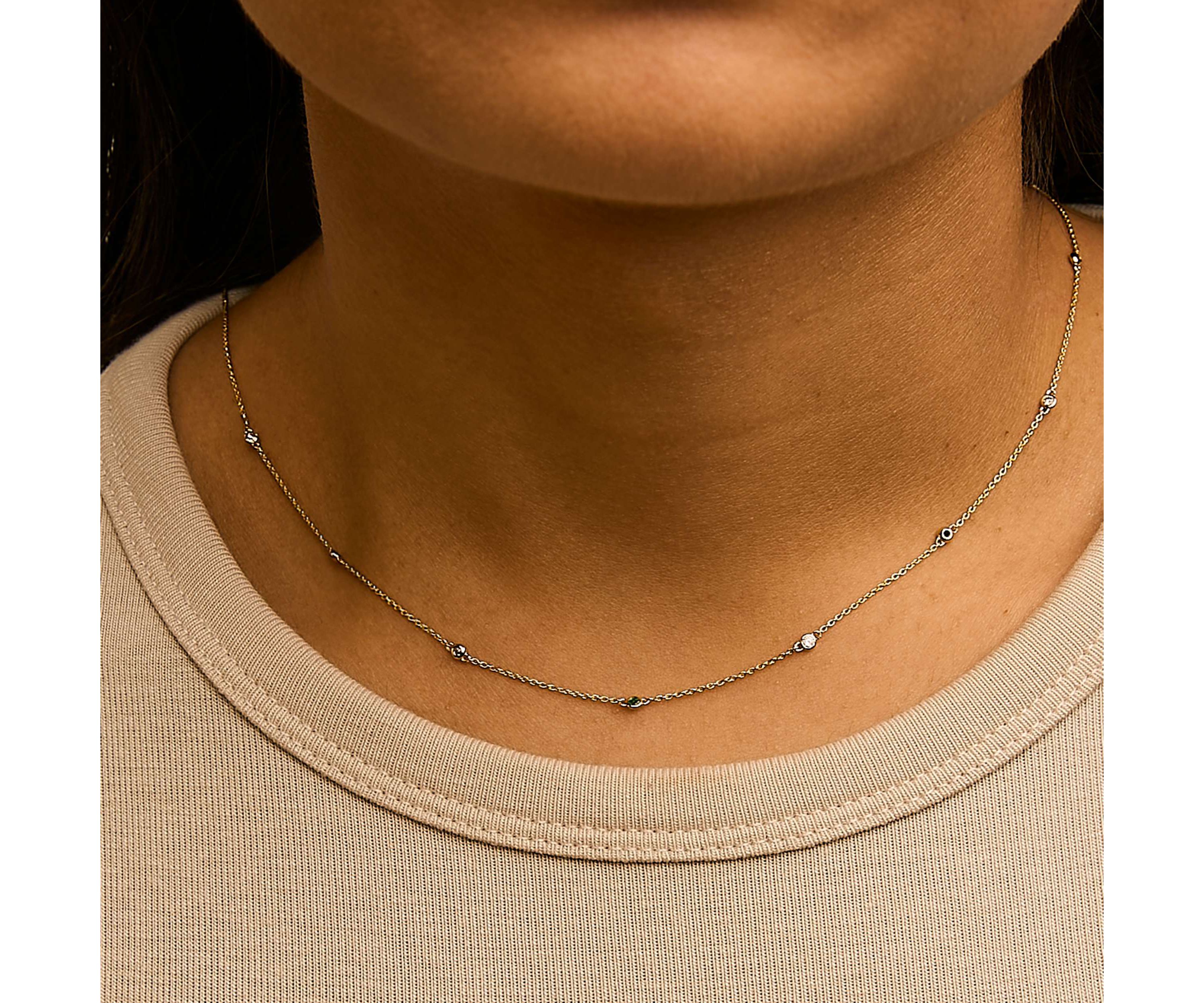 14K Yellow Gold Bezel Set Alternating Green Emerald and Diamond Station Necklace