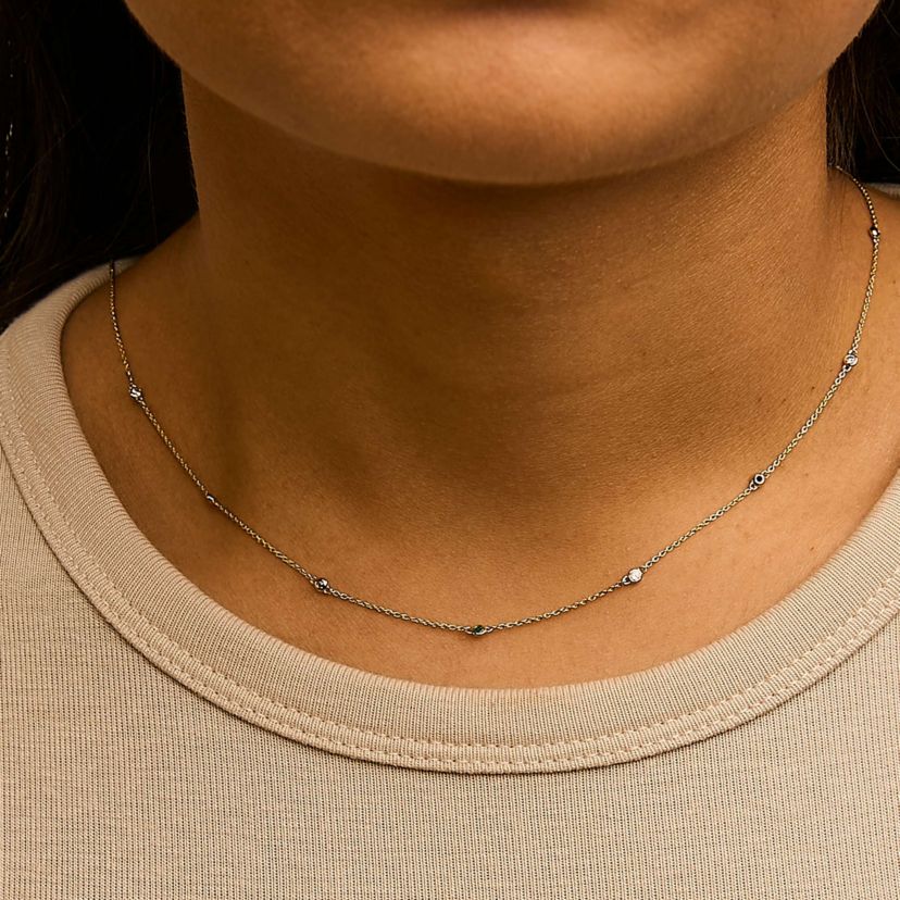 14K Yellow Gold Bezel Set Alternating Green Emerald and Diamond Station Necklace