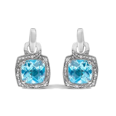 Haus of Brilliance Sterling Silver Cushion Cut Blue Topaz and Diamond Accent Geometric Dangle Earrings
