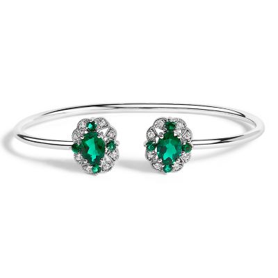 Haus of Brilliance Sterling Silver White Topaz and Green Emerald Floral Bangle Bracelet, 6.5