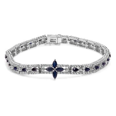 Haus of Brilliance Sterling Silver Dark Blue Sapphire and Topaz Marquise Floral Art Deco Link Bracelet