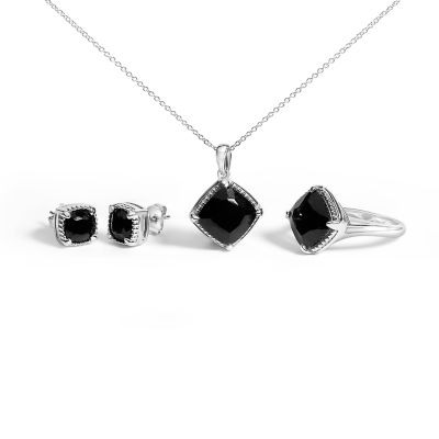 Haus of Brilliance Sterling Silver Cushion Onyx 3-Piece Jewelry Set Ring Earrings Pendant 18 Inch Cable Chain