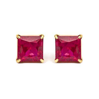 Haus of Brilliance Lab Created 18K Yellow Gold 7x7 MM Created Red Ruby Princess Cut Solitaire Stud Earrings