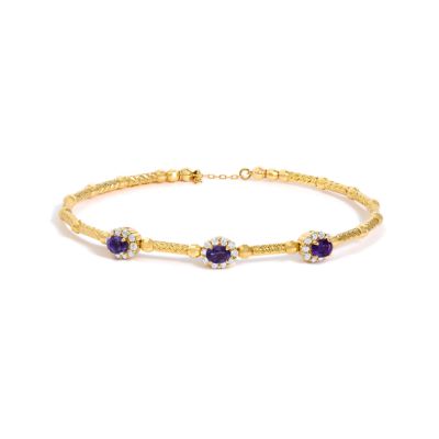 Haus of Brilliance 18K Yellow Gold Purple Amethyst and 1/3 Cttw Diamond Halo Station Bracelet, 7 in