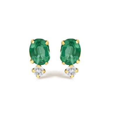 Haus of Brilliance 18K Yellow Gold Oval Green Emerald and Diamond Double Drop Stud Earrings