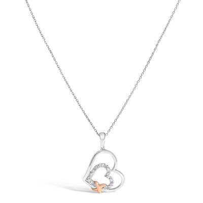 Haus of Brilliance .925 Sterling Silver Double Heart Pendant Necklace with Diamond and 10K Rose Gold Accent, 18 in