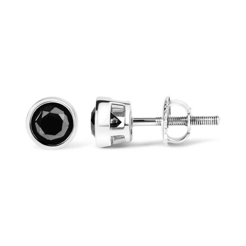 .925 Sterling Silver 1.00 Cttw Round Black Diamond Stud Earrings with