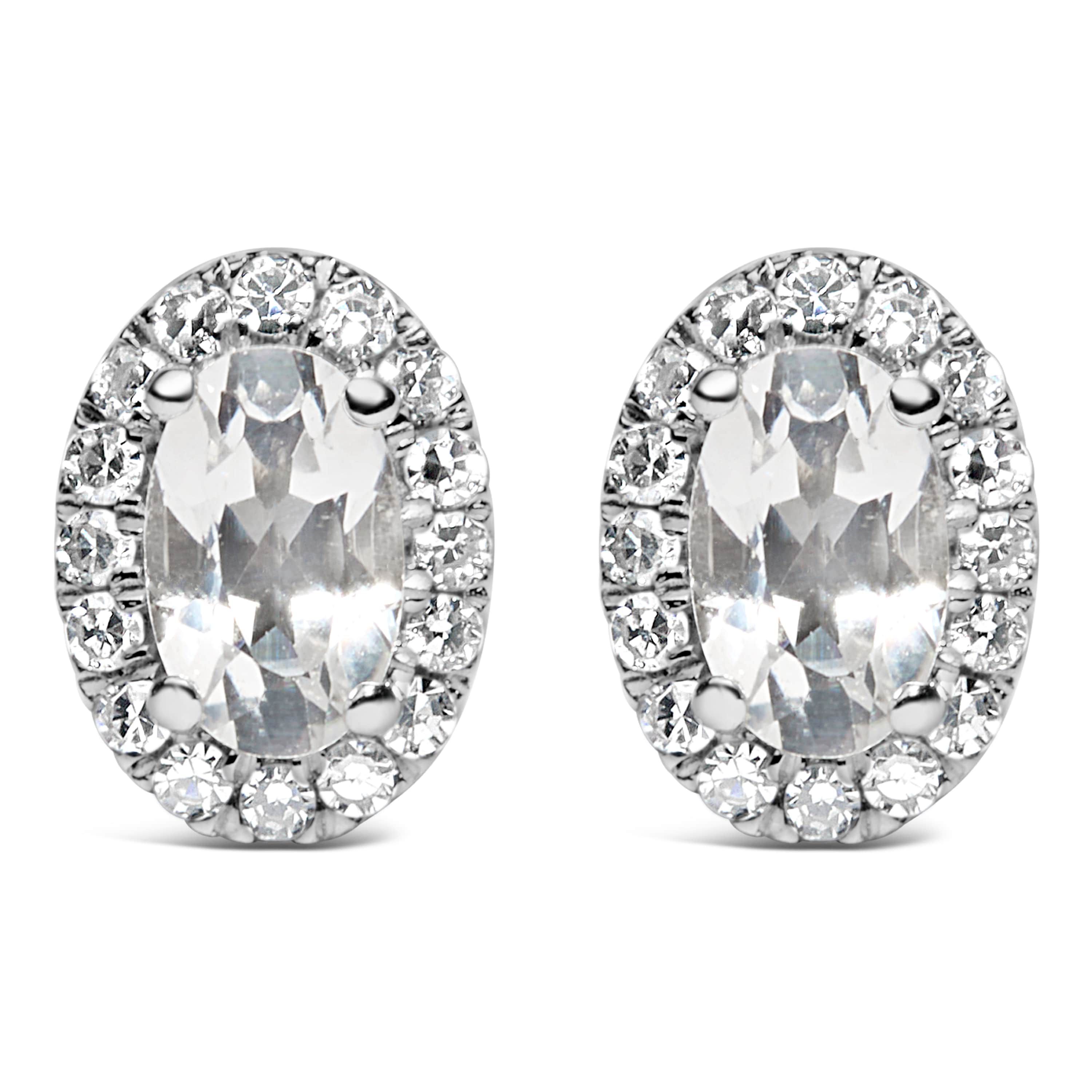 10K White Gold 5x3 MM Oval White Topaz and Diamond Halo Stud Earrings
