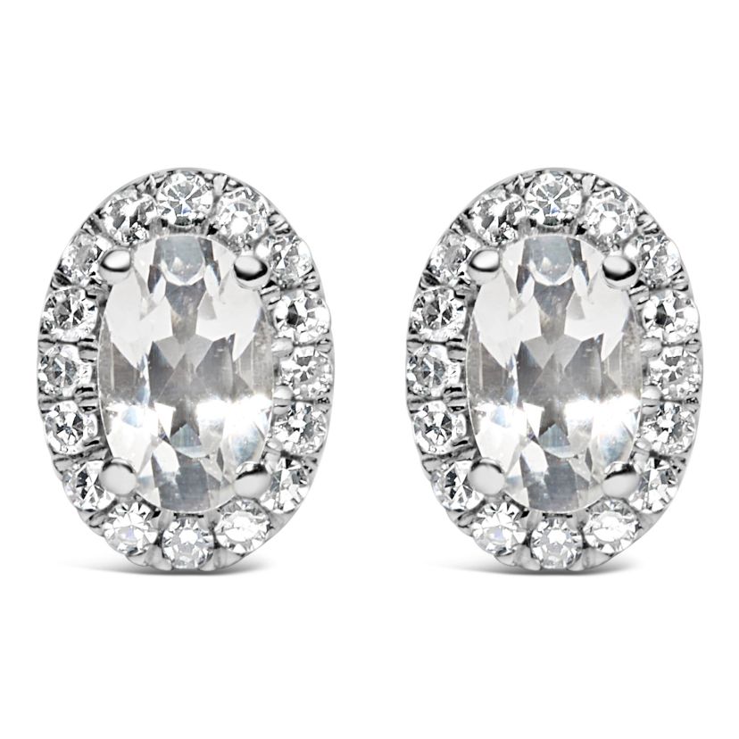 10K White Gold 5x3 MM Oval White Topaz and Diamond Halo Stud Earrings