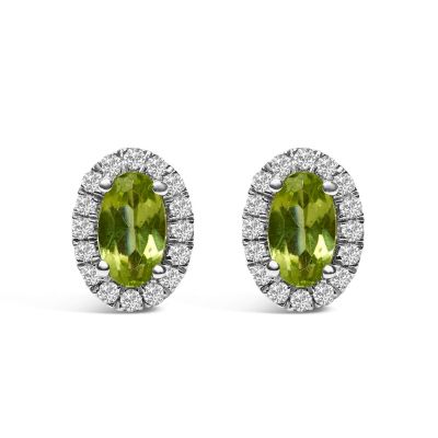 Haus of Brilliance 10K White Gold 5x3 MM Oval Green Emerald and Diamond Halo Stud Earrings