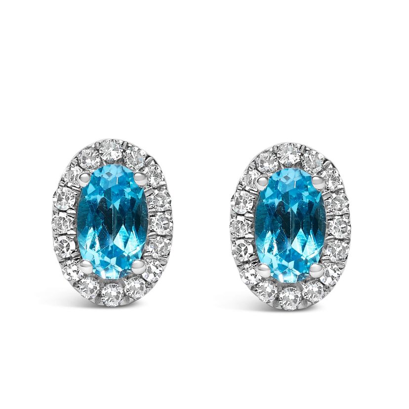 10K White Gold 5x3 MM Oval Blue Topaz and Diamond Halo Stud Earrings