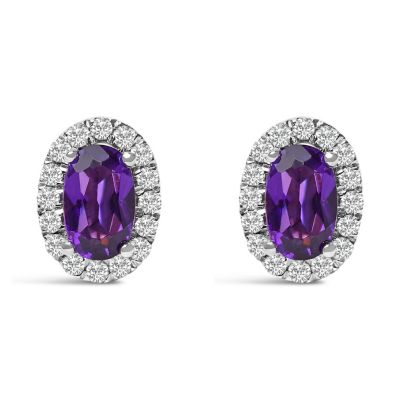 Haus of Brilliance 10K White Gold 5x3 MM Oval Purple Amethyst and Diamond Halo Stud Earrings