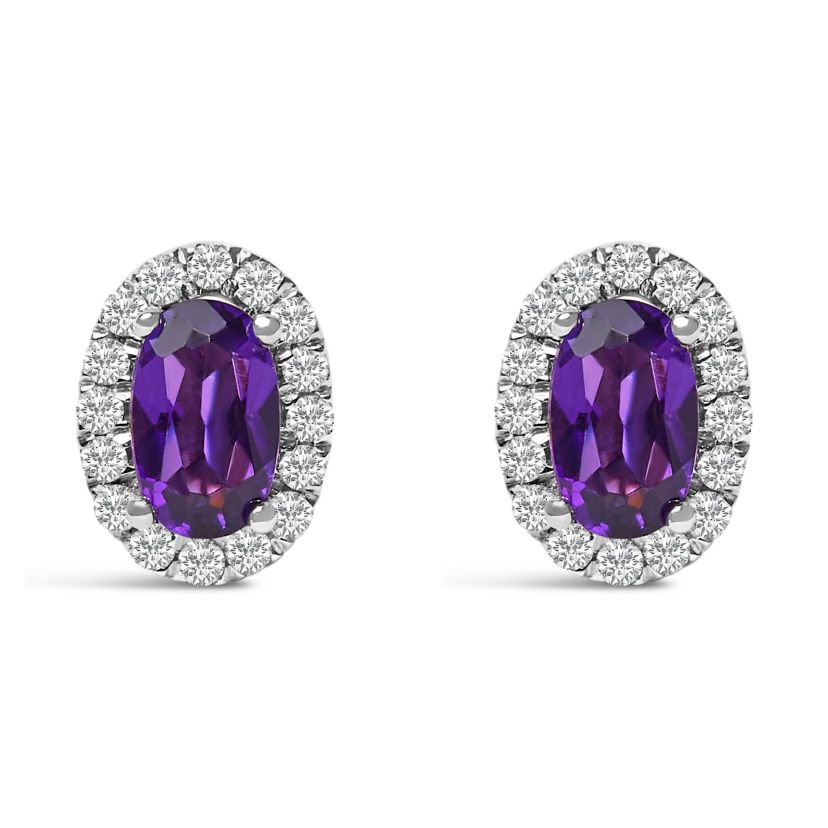 10K White Gold 5x3 MM Oval Purple Amethyst and Diamond Halo Stud Earrings