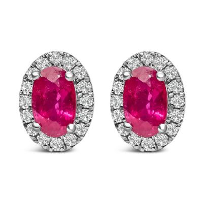 Haus of Brilliance 10K White Gold 5x3 MM Oval Red Ruby and Diamond Halo Stud Earrings