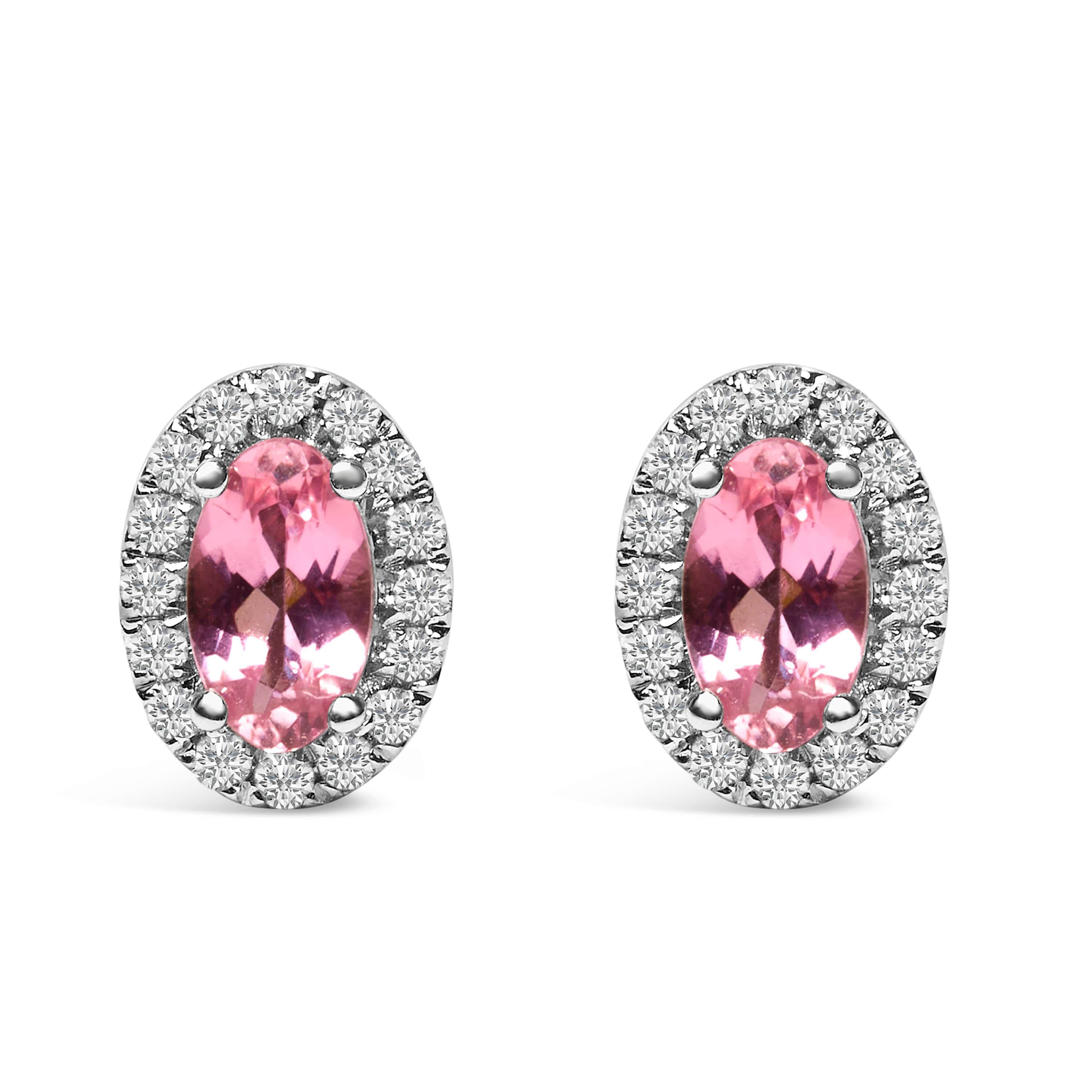 10K White Gold 5x3 MM Oval Pink Tourmaline and Diamond Halo Stud Earrings