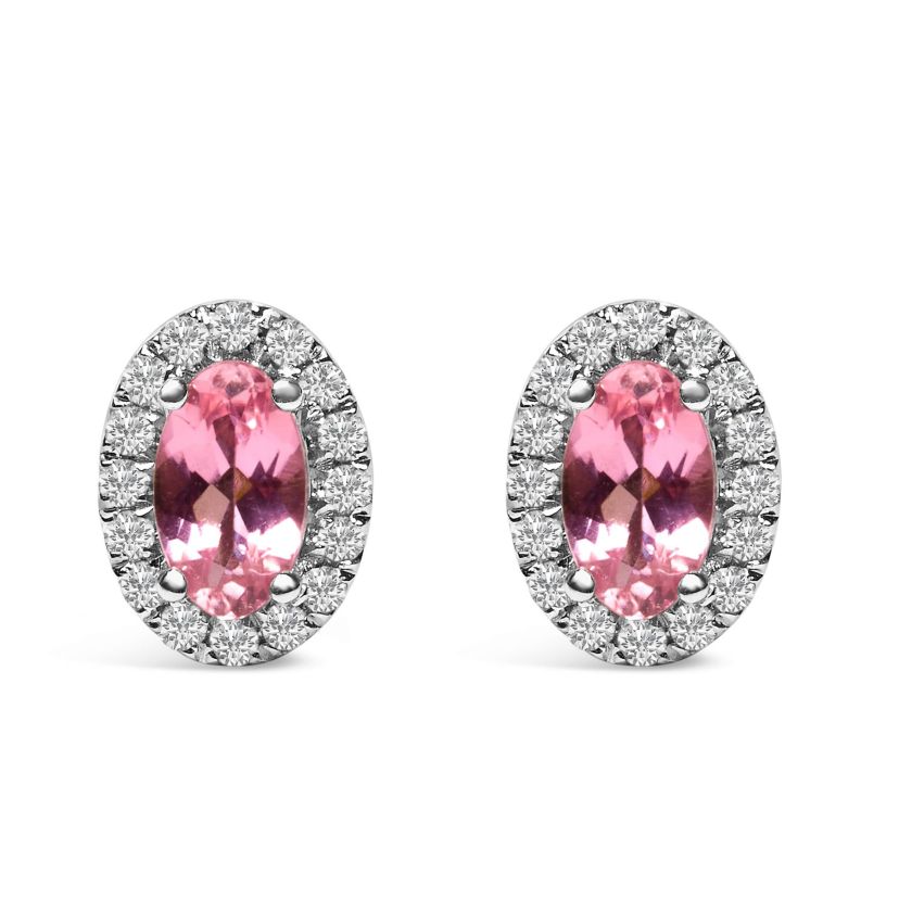 10K White Gold 5x3 MM Oval Pink Tourmaline and Diamond Halo Stud Earrings