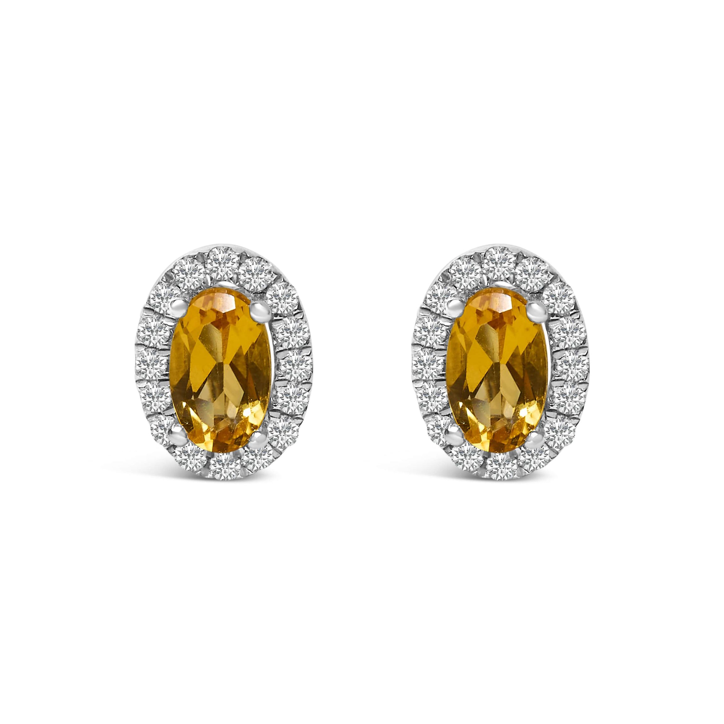 10K White Gold 5x3 MM Oval Yellow Citrine and Diamond Halo Stud Earrings